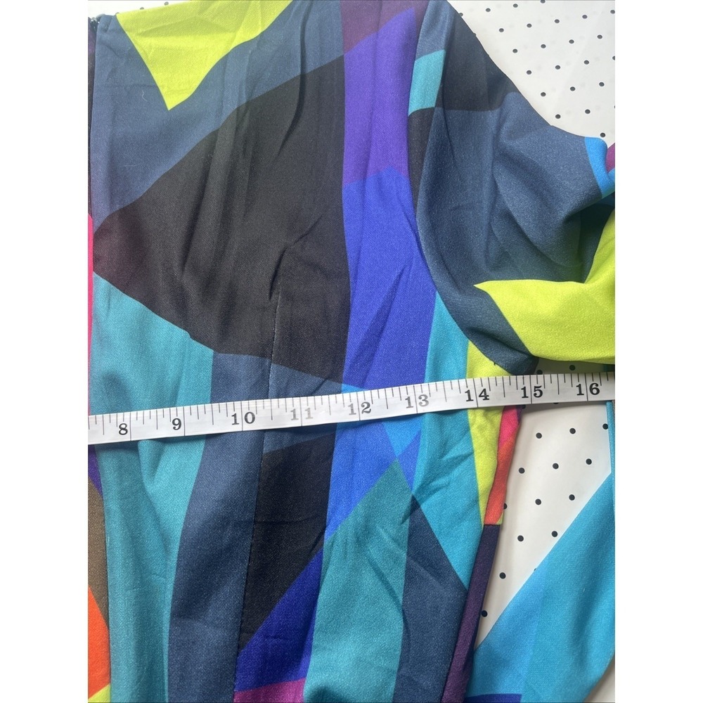 Colorblock Geometric Fit Flare Midi Dress Tie Waist Neon Abstract Retro M - Picture 10 of 11